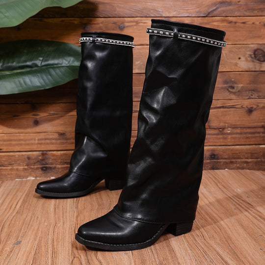 Damen Kniehohe Slouch‑Stiefel mit Strassbesatz und mittlerem Blockabsatz Shop Nory