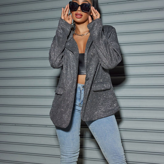 Damen Glitzernder Oversize-Blazer mit Pattentaschen & schimmernder Struktur Shop Nory