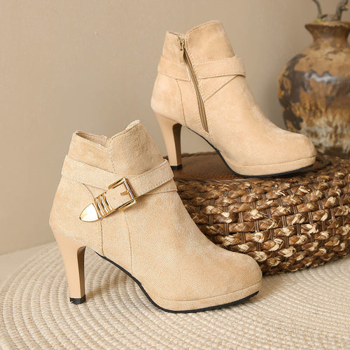 Damen Elegante Ankle-Boots mit hohem Absatz, seitlichem Reißverschluss und dekorativem Schnallengurt Shop Nory