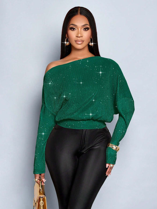 Damen Off-Shoulder Rippstrick-Pullover mit Glitzereffekt und Batwing-Ärmeln Shop Nory