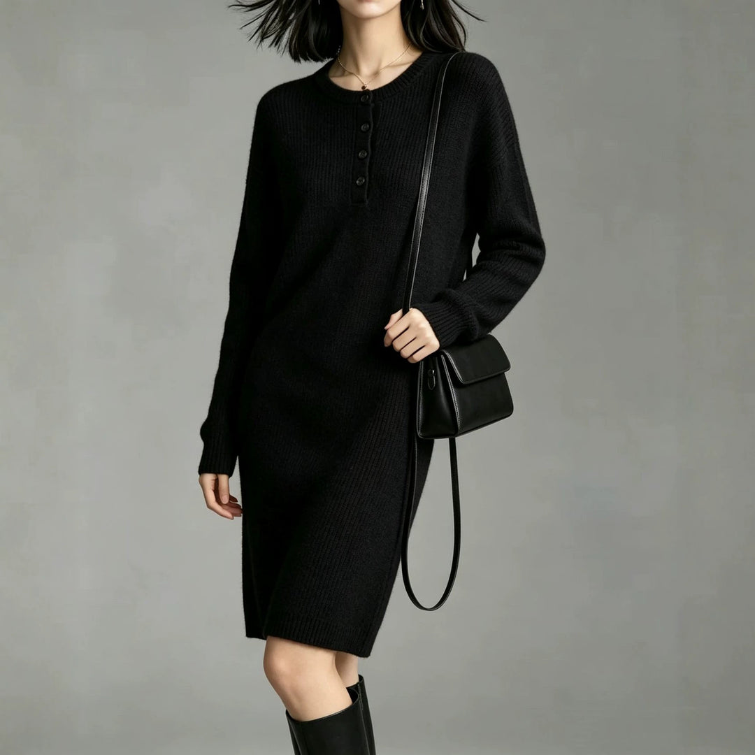 Damen Midilanges Strickkleid mit Henley-Leiste und gerippten Bündchen Shop Nory