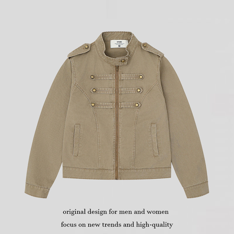 Damen Military-inspirierte Baumwoll-Canvas-Jacke mit Stehkragen, Zierknopfleisten und Schulterpatten Shop Nory