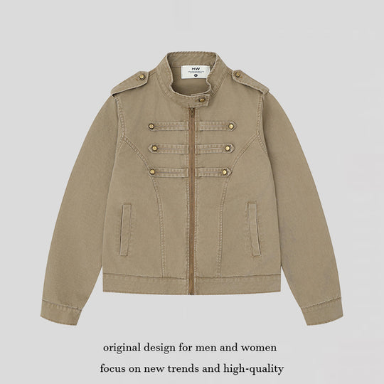 Damen Military-inspirierte Baumwoll-Canvas-Jacke mit Stehkragen, Zierknopfleisten und Schulterpatten Shop Nory