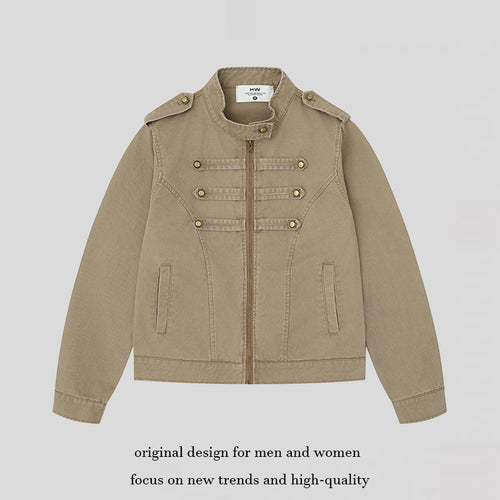 Damen Military-inspirierte Baumwoll-Canvas-Jacke mit Stehkragen, Zierknopfleisten und Schulterpatten Shop Nory