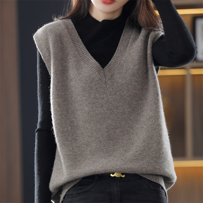 Damen Ärmellose Strickweste mit V-Ausschnitt und Feiner Textur