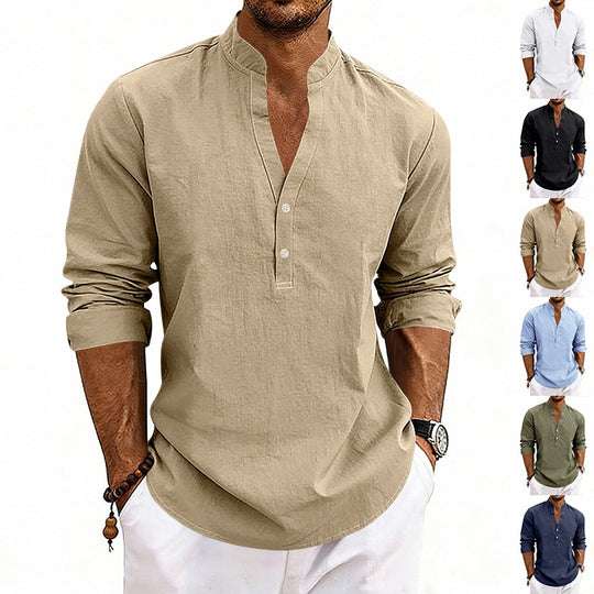 Herren Casual-Langarmhemd aus Leinen mit Stehkragen und kurzer Knopfleiste Shop Nory