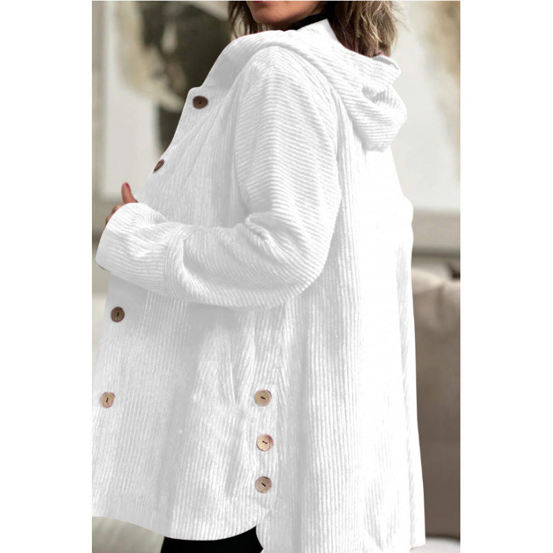 Damen Langer Kapuzen-Strickcardigan mit Rippenstruktur, Knopfleiste und Seitentaschen Shop Nory