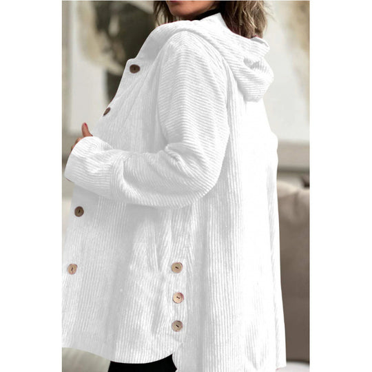 Damen Langer Kapuzen-Strickcardigan mit Rippenstruktur, Knopfleiste und Seitentaschen Shop Nory