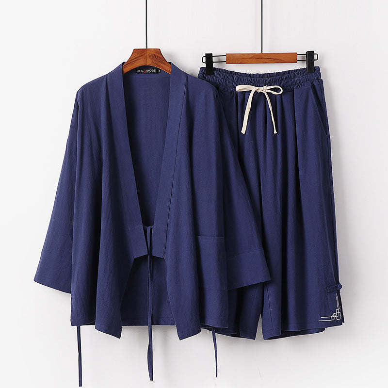 Damen Zen-Kimono-Lounge-Set aus atmungsaktivem Baumwollmix mit Bindebandjacke und weiten Culotte-Hose Shop Nory