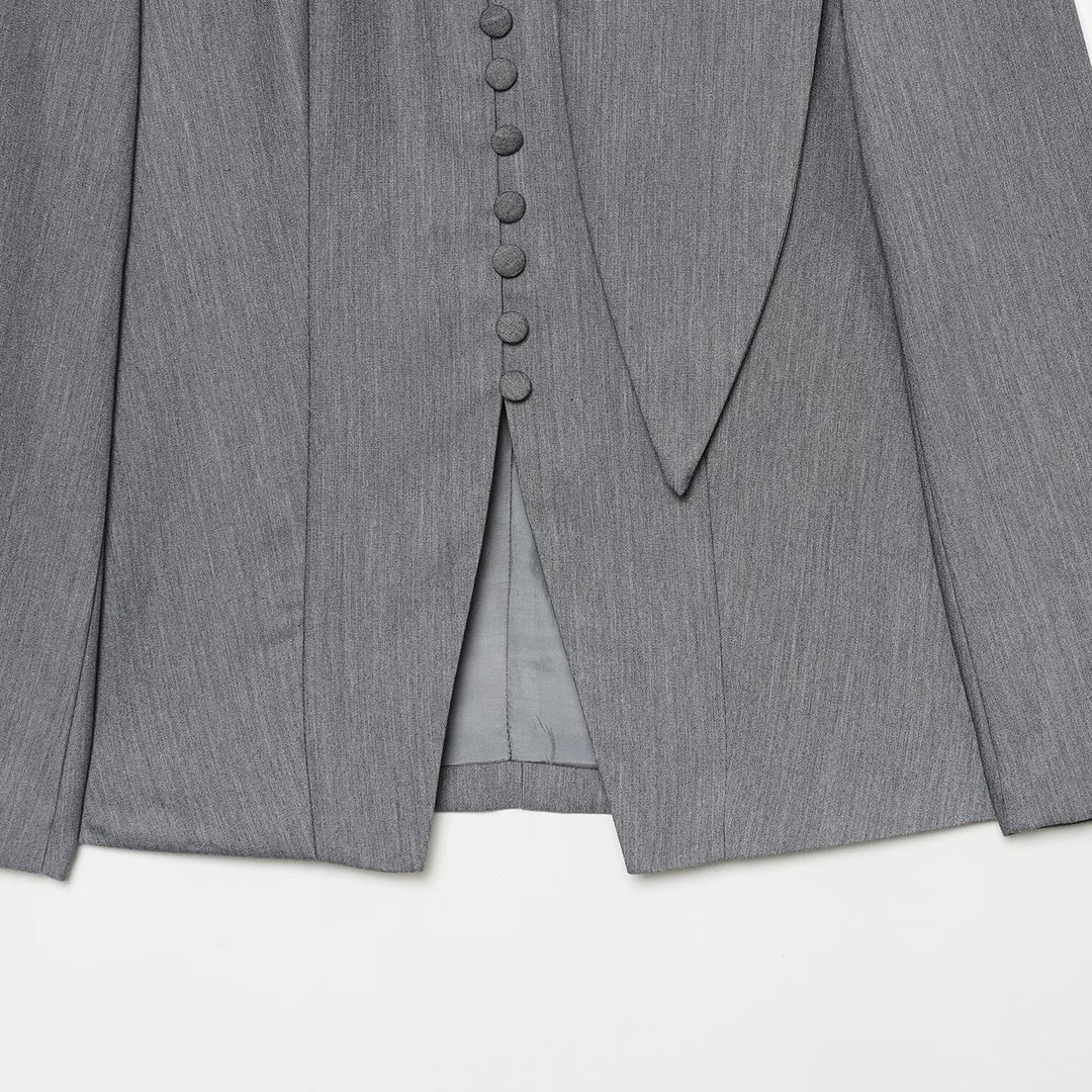 Damen Eleganter Longline-Blazer mit hohem Funnelkragen und überziehbaren Stoffknöpfen Shop Nory