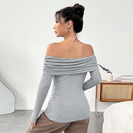 Damen eng anliegendes Off-Shoulder Rippstrick-Longsleeve mit gerafftem Wasserfall-Ausschnitt und Daumenloch Shop Nory