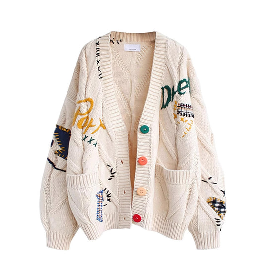 Damen Stylischer Strickcardigan mit bunten Knöpfen und aufwendigem Design