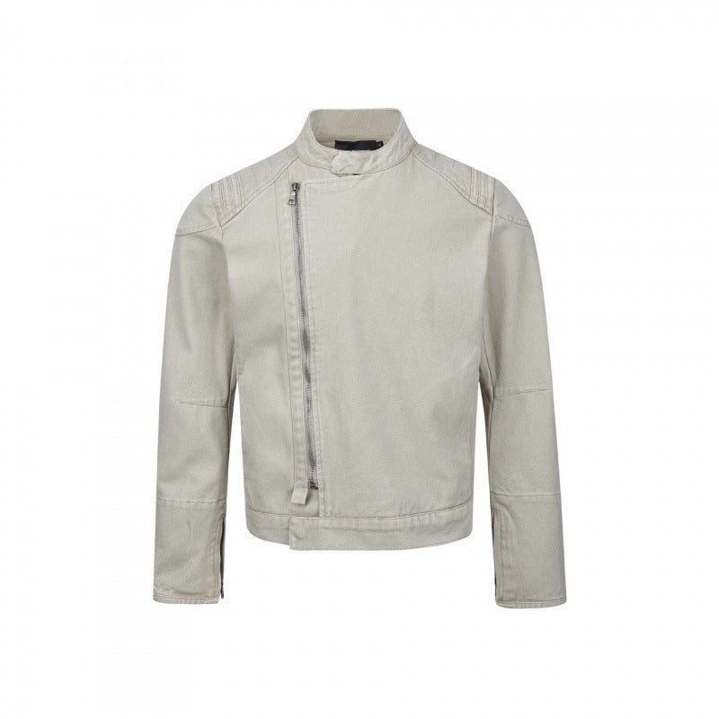 Herren Asymmetrische Kurzjacke im Biker-Stil mit Stehkragen und schrägem Metallreißverschluss Shop Nory