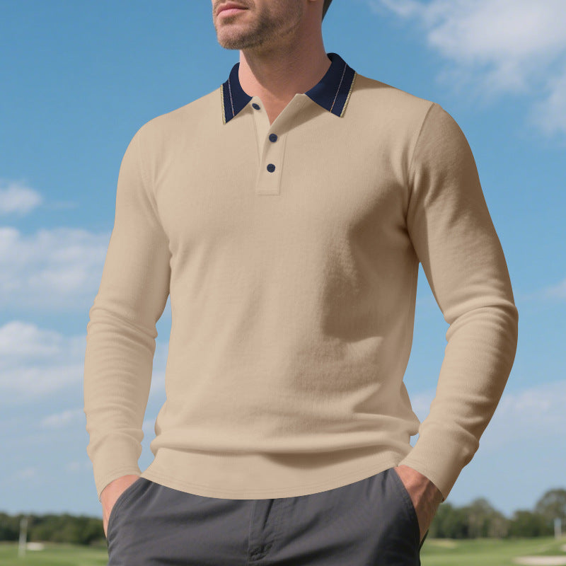Herren elegantes Langarm-Polohemd mit kontrastierendem Kragen und modischen Knopfdetails