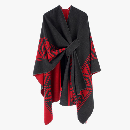 Damen Jacquard‑Ruana mit Bindegürtel und geometrischem Muster Shop Nory