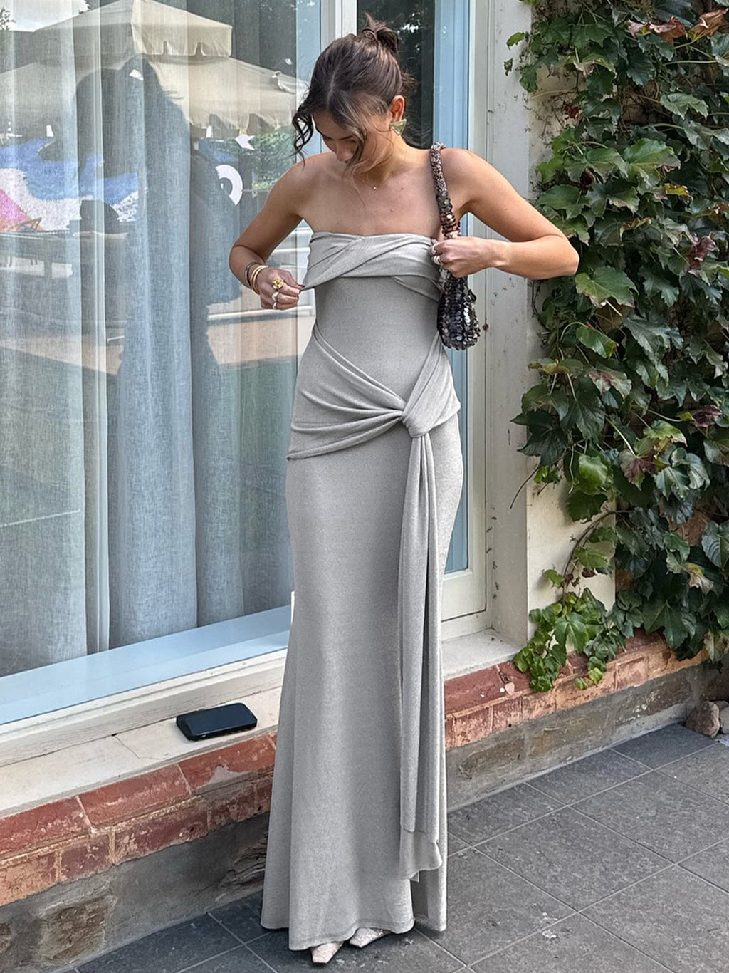 Damen Strapless Maxikleid mit raffiniertem Wickeldesign