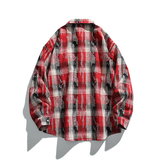 Unisex Oversize-kariertes Flanellhemd mit Destroyed-Details und Brusttasche Shop Nory