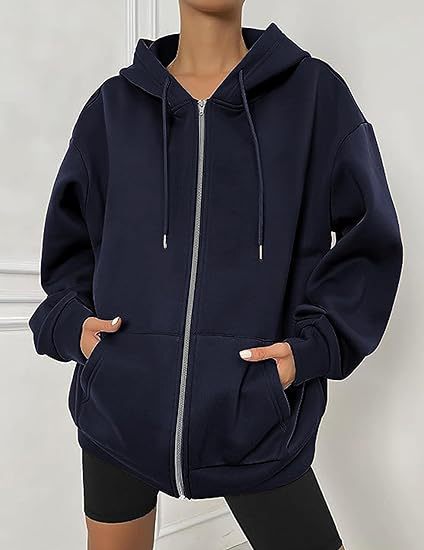 Damen nan oversized Zip-Kapuzenjacke mit kontrastierendem Reißverschluss, doppellagiger Kapuze und Kängurutasche Shop Nory