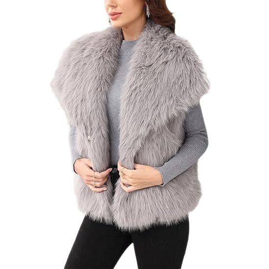 Damen Ärmellose langflorige Kunstfellweste mit voluminösem Schalkragen Shop Nory