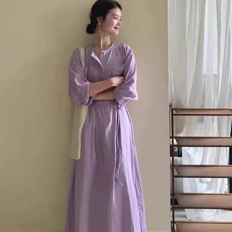Damen Maxikleid mit Stehkragen, 3/4-Ärmeln und Tunnelzugtaillierung Shop Nory