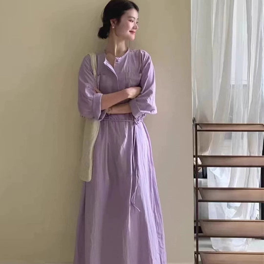 Damen Maxikleid mit Stehkragen, 3/4-Ärmeln und Tunnelzugtaillierung Shop Nory