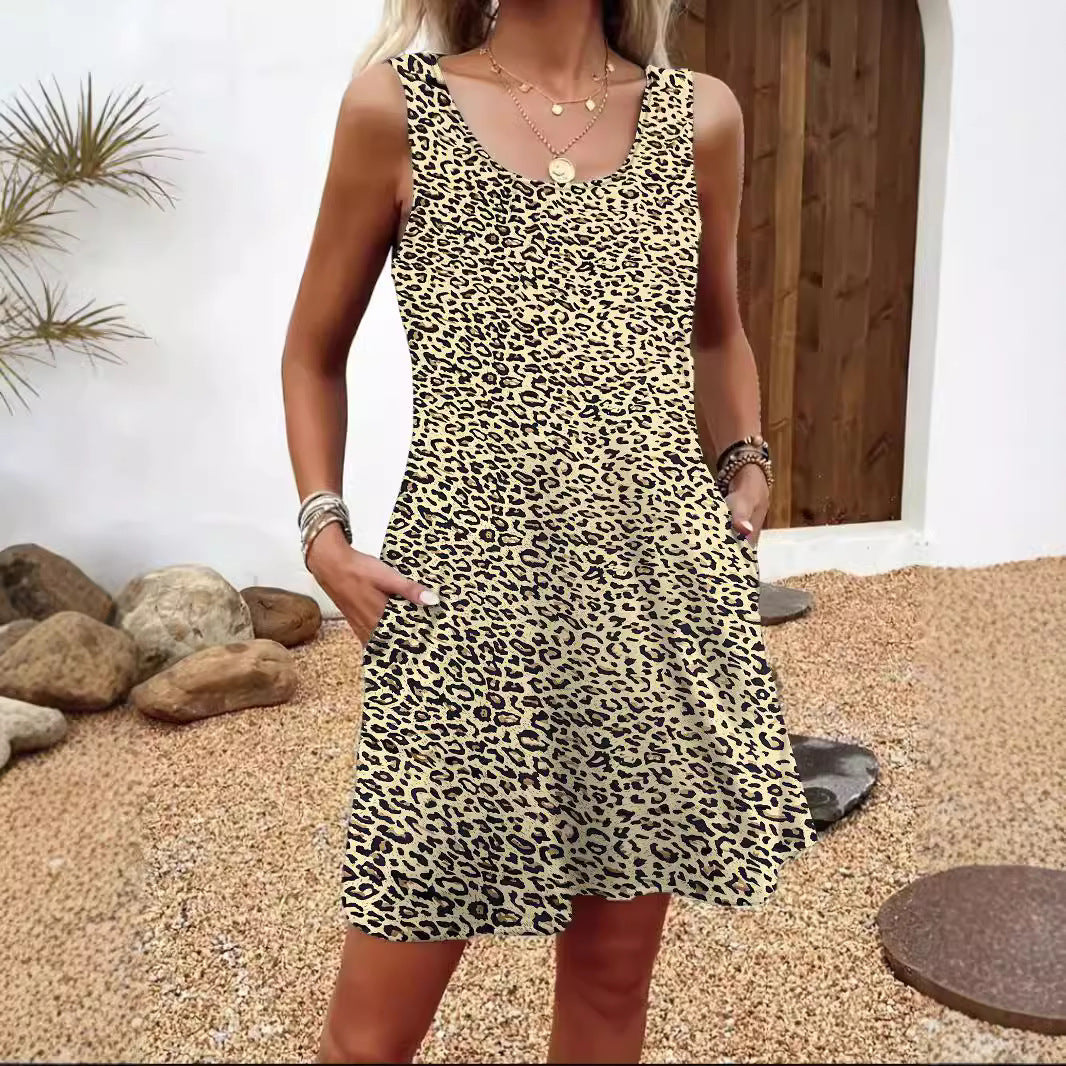 Damen lässiges Sommerkleid mit Federmuster und praktischen Seitentaschen