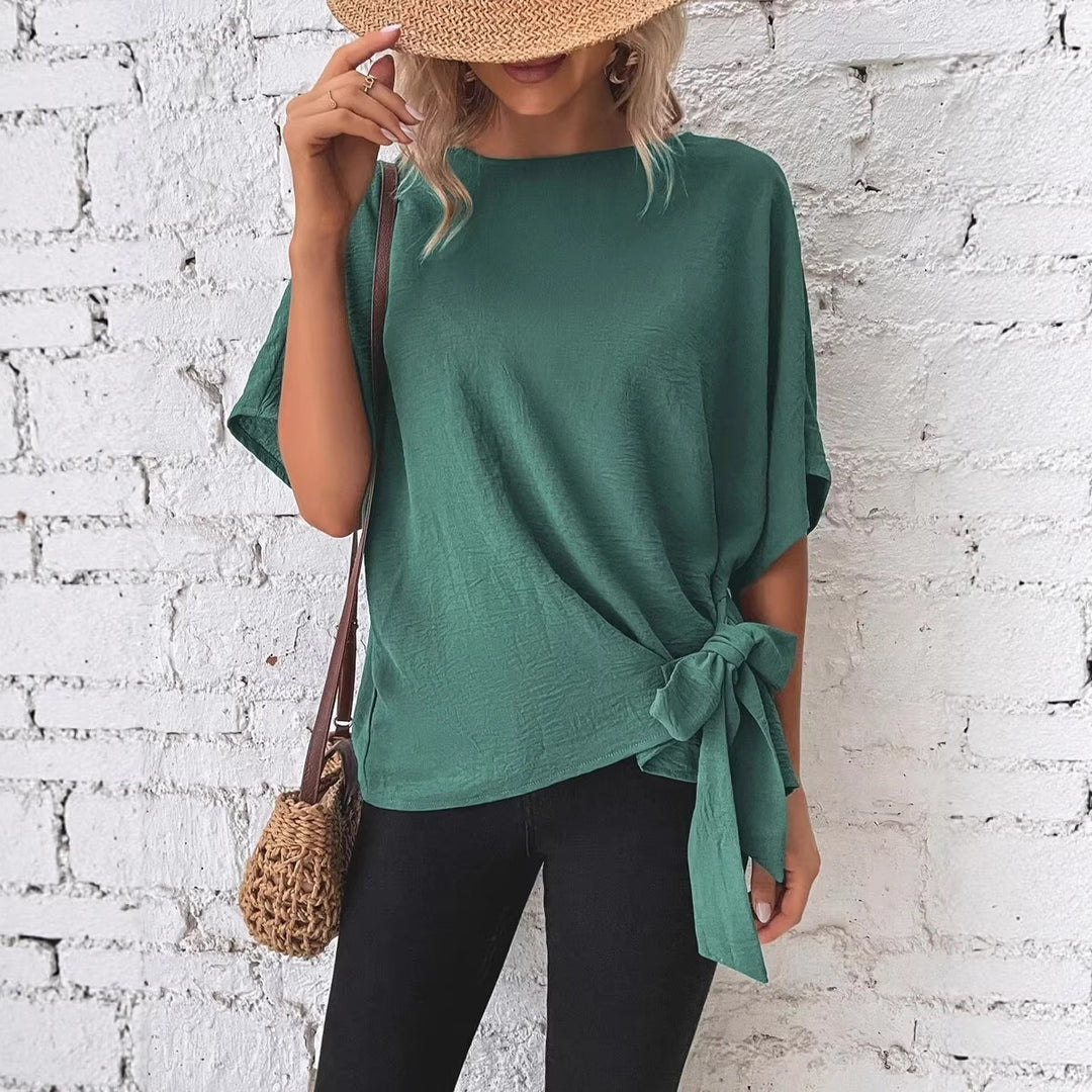 Damen Oversize Kurzarm-Top mit seitlicher Schleife und Crinkle-Struktur Shop Nory