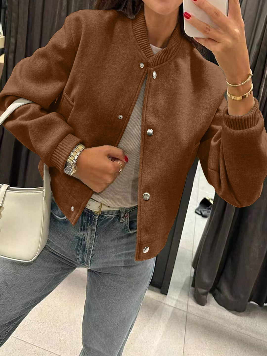 Damen Kurzjacke im Bomberstil aus Teddyfleece mit Rippbündchen Shop Nory