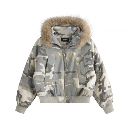 Damen Kurzer Boxy-Bomber mit Kapuze und abnehmbarem Kunstfellbesatz Shop Nory