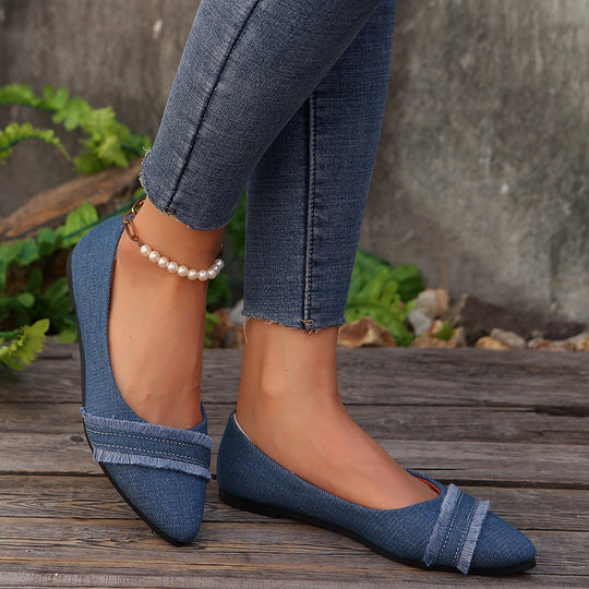 Damen elegante Ballerinas aus Denim mit Fransendetail