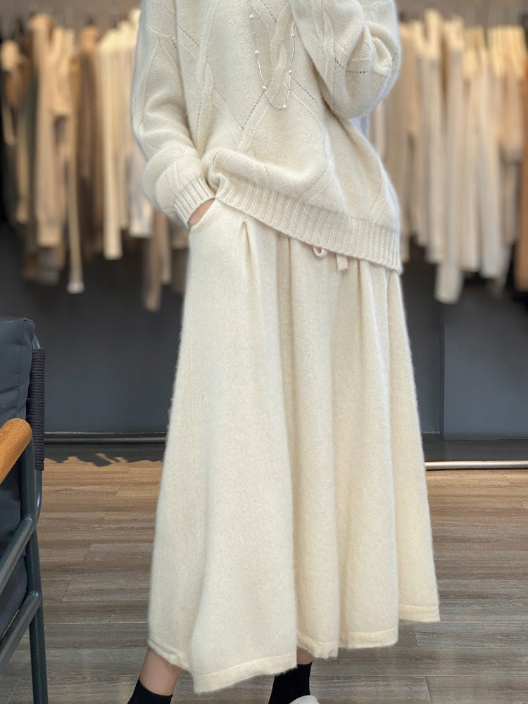 Damen Midilanger Kaschmir‑Optik Strickrock mit Falten und Kordelbund Shop Nory