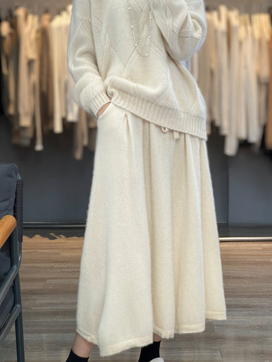 Damen Midilanger Kaschmir‑Optik Strickrock mit Falten und Kordelbund Shop Nory