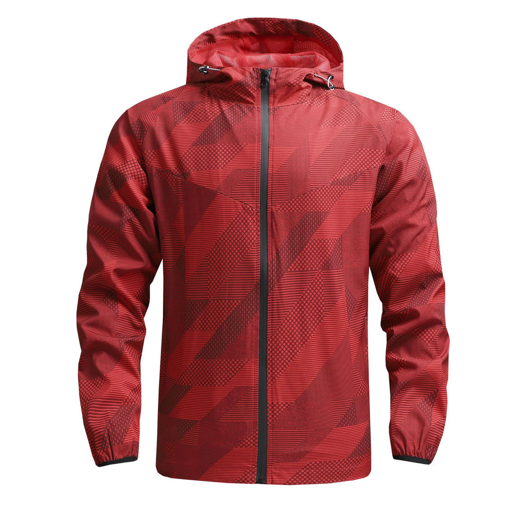Herren Ultraleichte atmungsaktive Windjacke mit Kapuze und reflektierendem Geometrie-Print Shop Nory