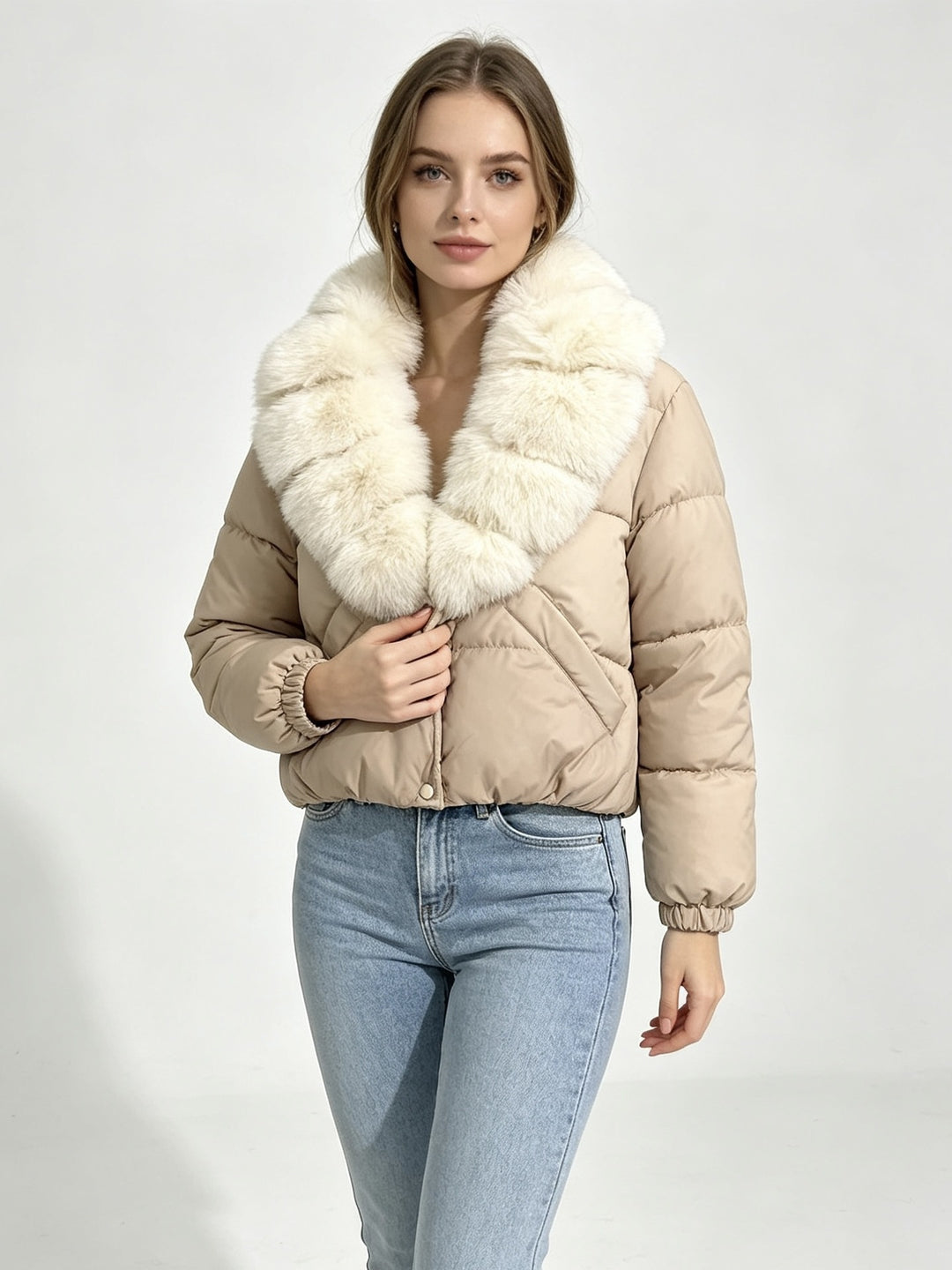 Damen nan kurze wattierte Cropped-Jacke mit extra voluminösem Kunstpelz-Schalkragen und elastischen Bündchen Shop Nory