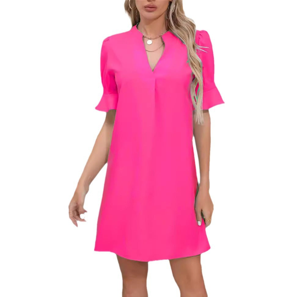 Damen Elegantes Kurzarm-Kleid mit V-Ausschnitt und Schößchen