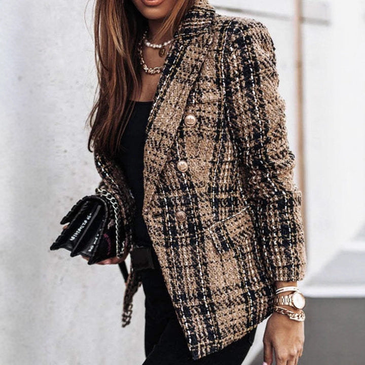 Damen Bouclé-Tweed-Blazer mit Karomuster und doppelreihiger Knopfleiste Shop Nory