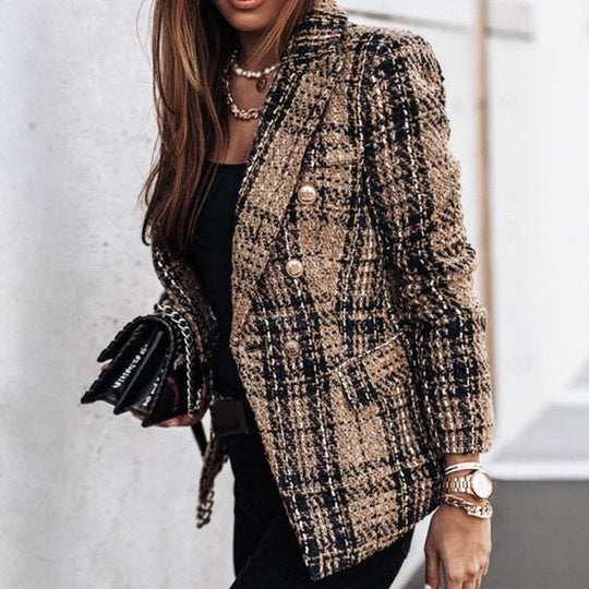 Damen Bouclé-Tweed-Blazer mit Karomuster und doppelreihiger Knopfleiste Shop Nory