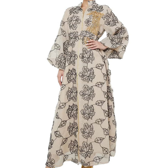 Damen Besticktes Maxikleid im Kaftan-Stil mit Reißverschluss, Taillengürtel und Ballonärmeln Shop Nory