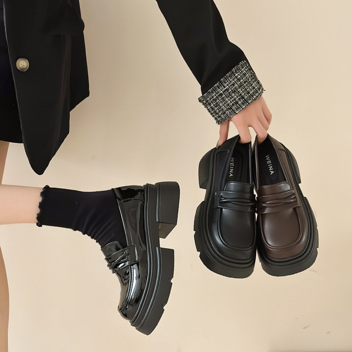 Damen Modische Loafers mit glänzender Oberfläche und robustem Plateau
