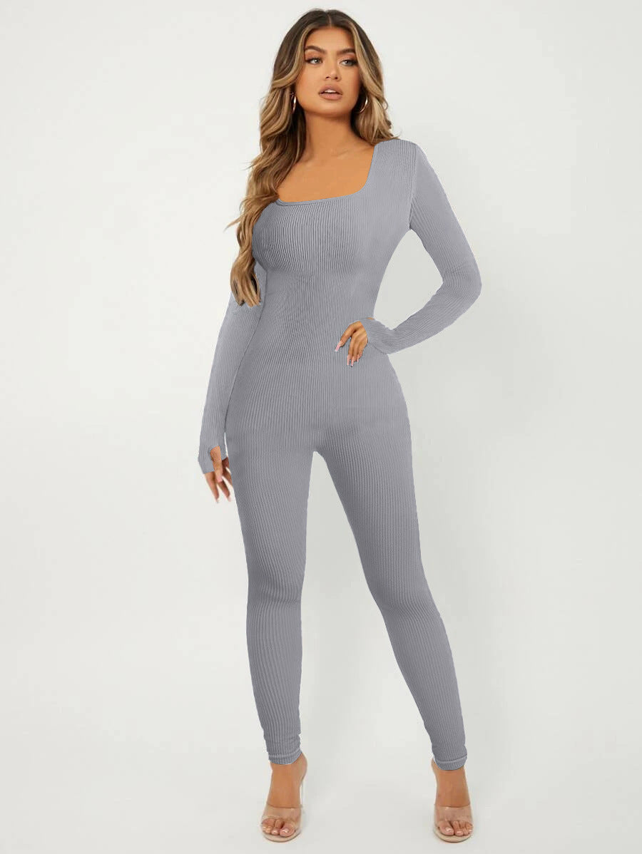 Damen Langarm Jumpsuit im eleganten Rippenmuster