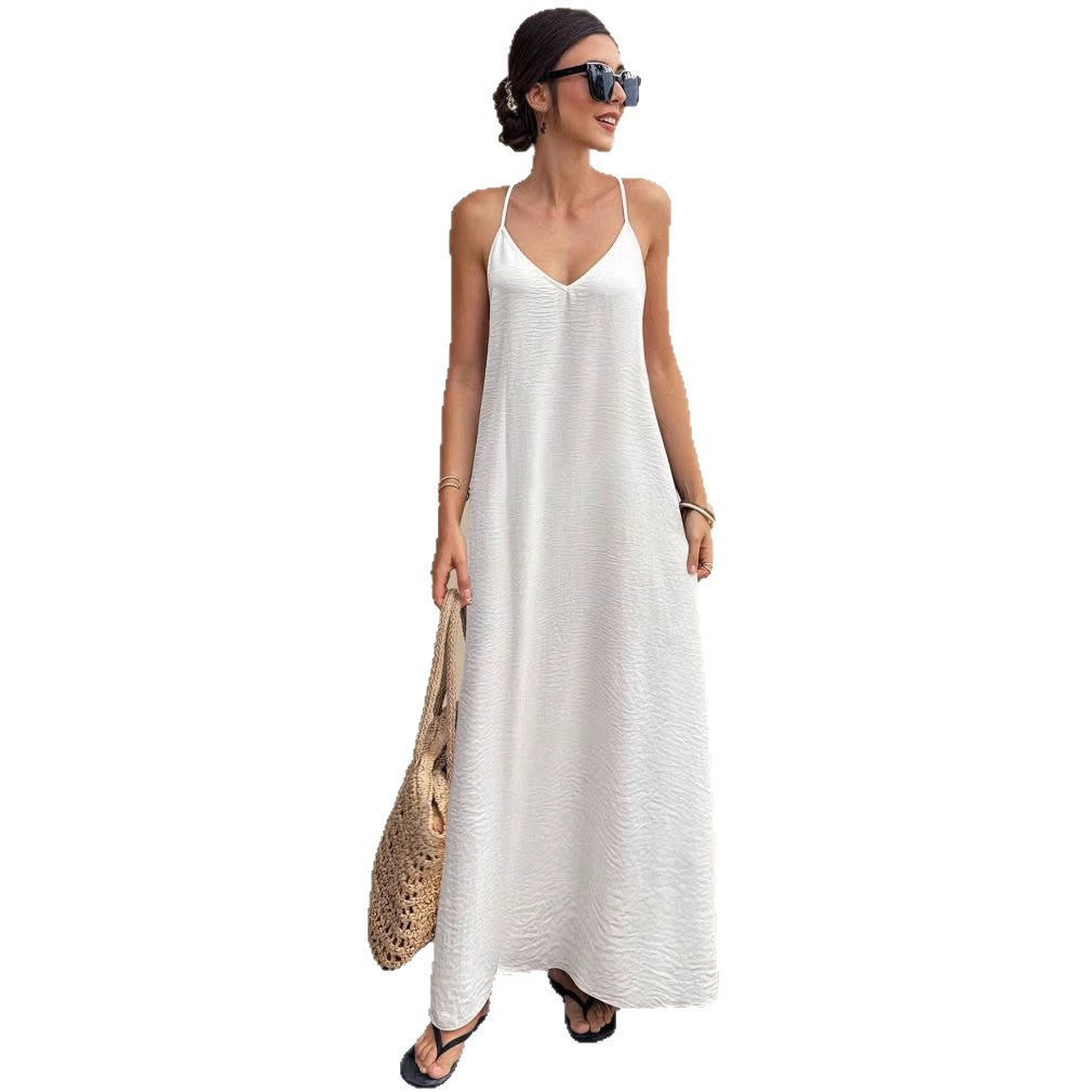 Damen Fließendes Maxikleid mit Spaghettiträgern, V-Ausschnitt und sommerlicher Leinenoptik Shop Nory