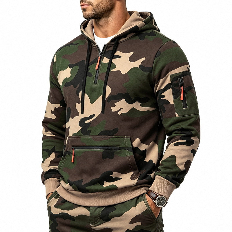 Herren Kapuzenpullover mit Tarnmuster, Reißverschlusstaschen und Kängurutasche Shop Nory