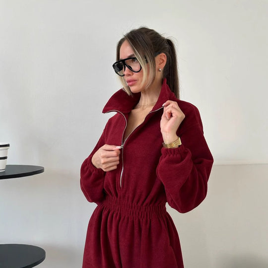 Damen kuscheliger Plüsch-Jumpsuit mit halbem Reißverschluss und elastischer Taille Shop Nory