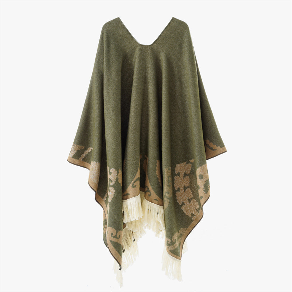 Damen Wollmix-Medallionponcho mit V-Ausschnitt und Fransensaum Shop Nory