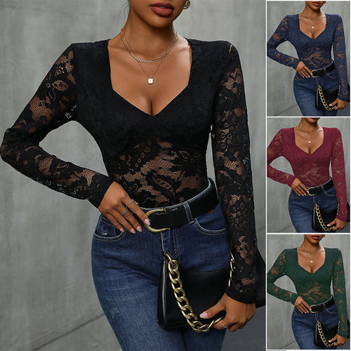 Damen Figurbetonter Spitzen-Body mit tiefem Dekolleté und transparenten Langärmeln Shop Nory