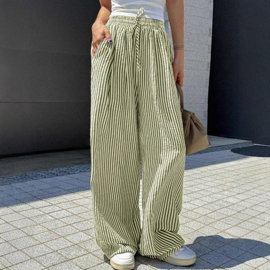 Damen Marlene-Streifenhose aus Leinenmix mit weitem Bein, Elastikbund und Kordelzug Shop Nory