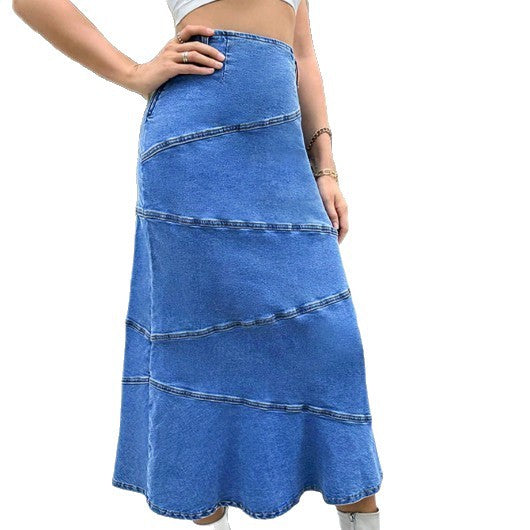 Damen taillenbetonter Denim‑Midirock mit wellenförmigen Ziernähten und ausgestelltem Saum Shop Nory