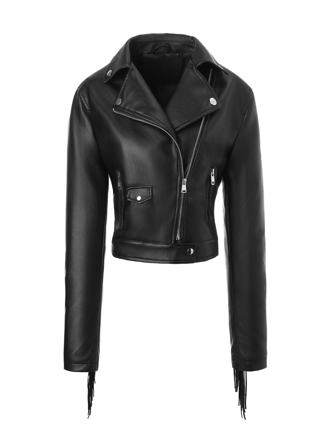 Damen kurze Motorradjacke aus Lederoptik mit Fransenärmeln und asymmetrischem Reißverschluss Shop Nory