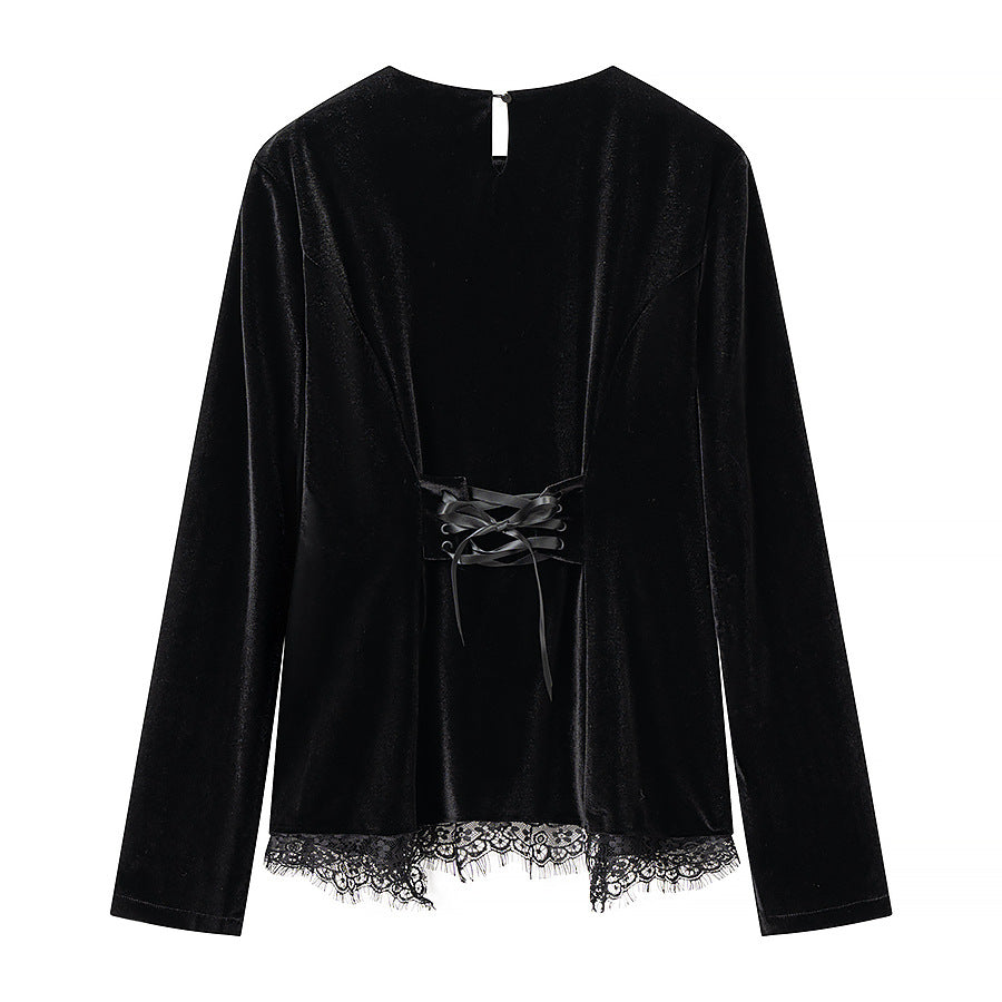 Damen Samt-Langarmshirt mit Spitzenbesatz und gewölbtem Saum Shop Nory