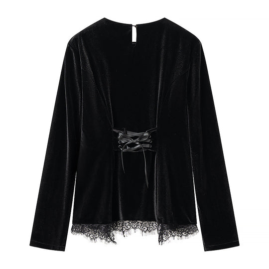Damen Samt-Langarmshirt mit Spitzenbesatz und gewölbtem Saum Shop Nory